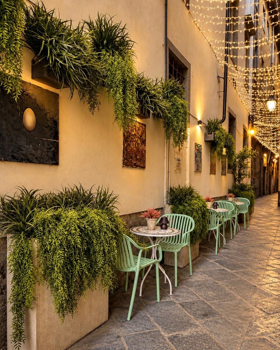 Misù's green outdoor tables at dusk, among the wall planters and the string lights hung over the street