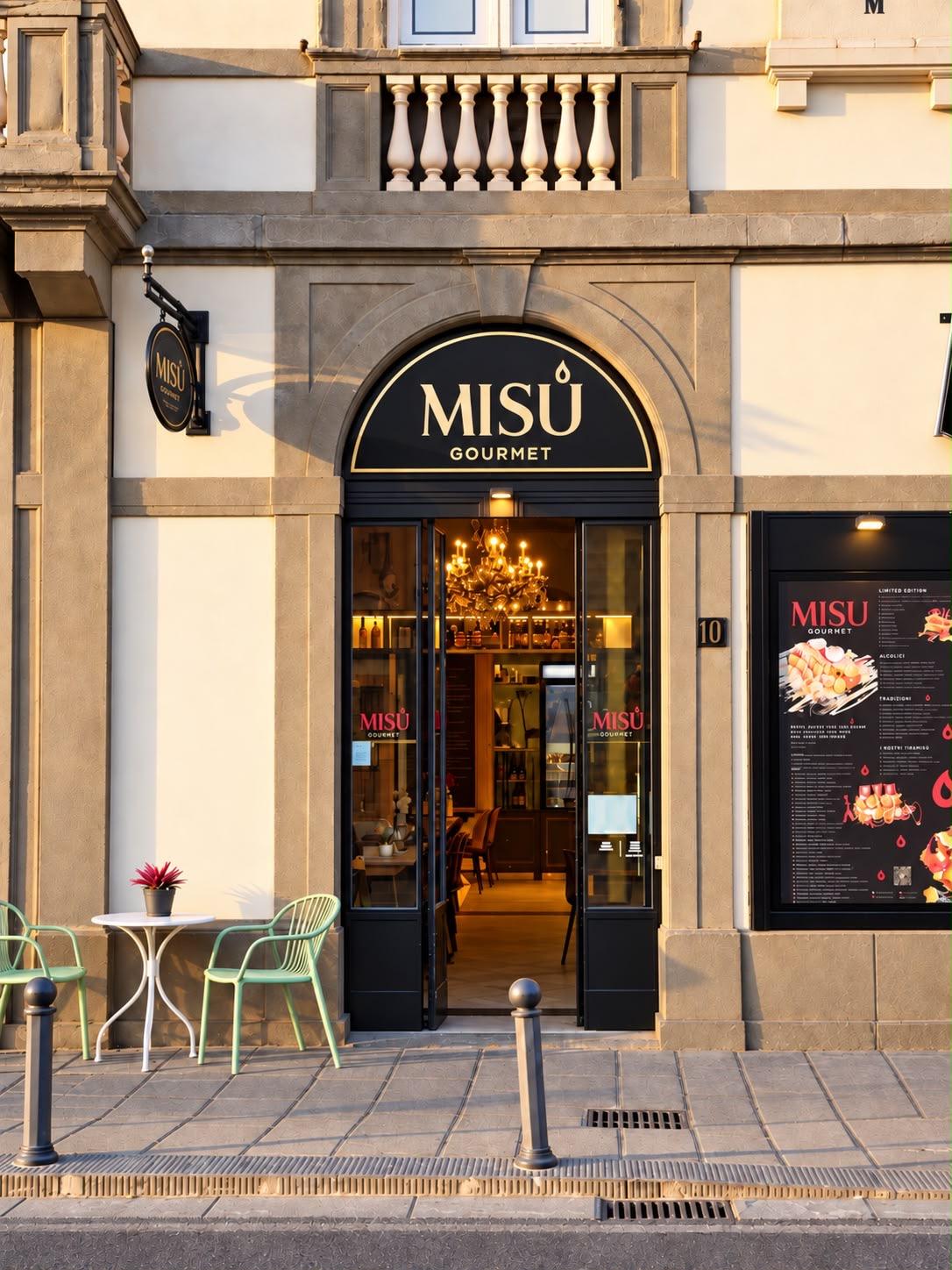 La facciata di Misù Gourmet di giorno: portone ad arco con la tenda nera, l'insegna dorata e i tavolini verdi sul marciapiede del Lungarno