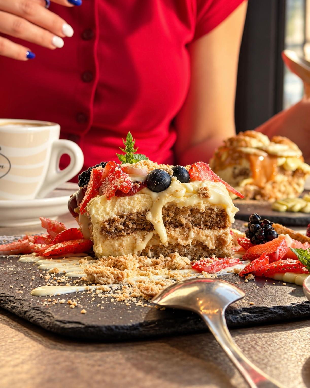 Mixed-berry tiramisù cut in half, layers showing, next to a cappuccino: an afternoon treat at Misù