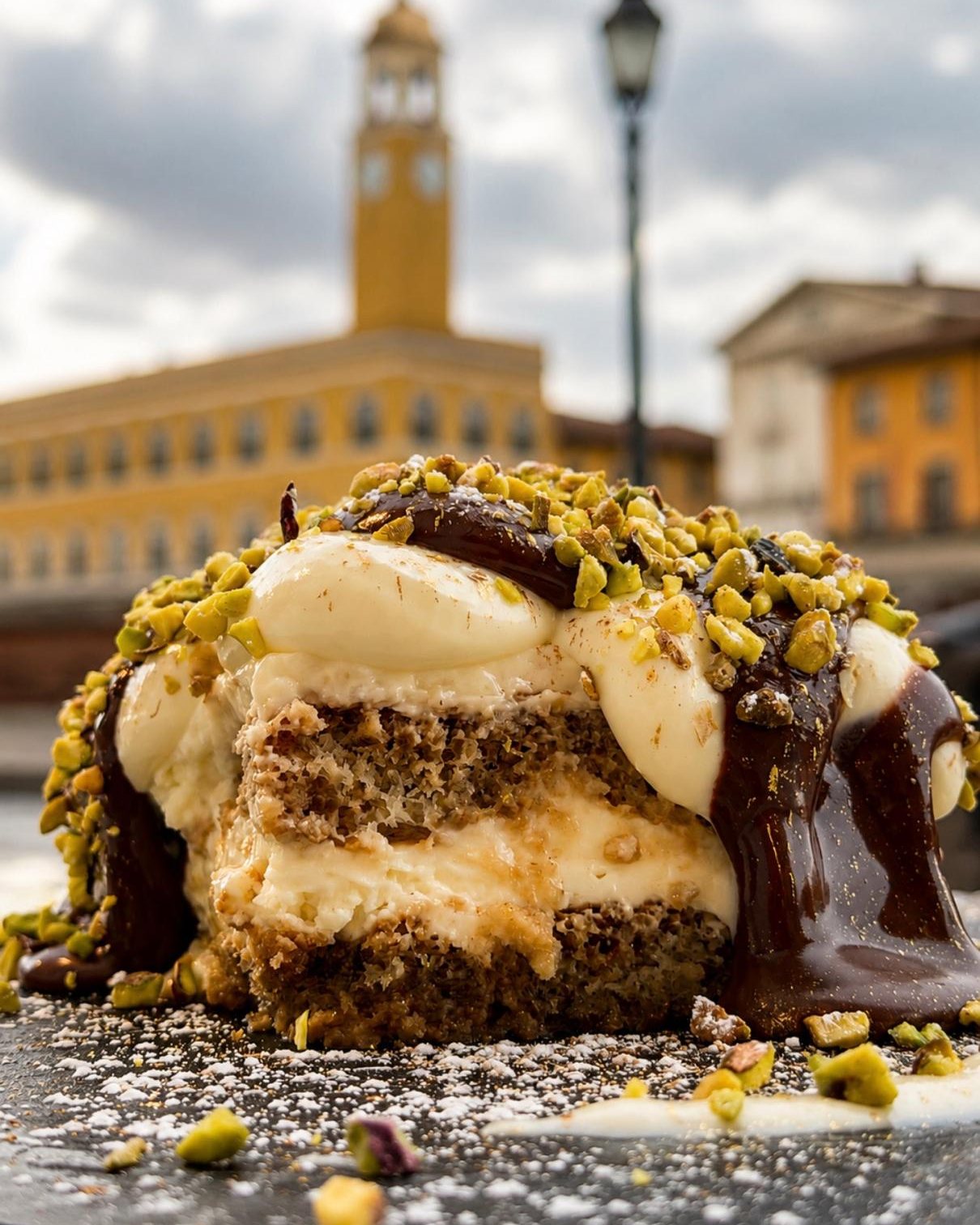Pistachio tiramisù with dripping dark chocolate and crushed pistachios on slate, the palaces of the Arno riverside blurred behind