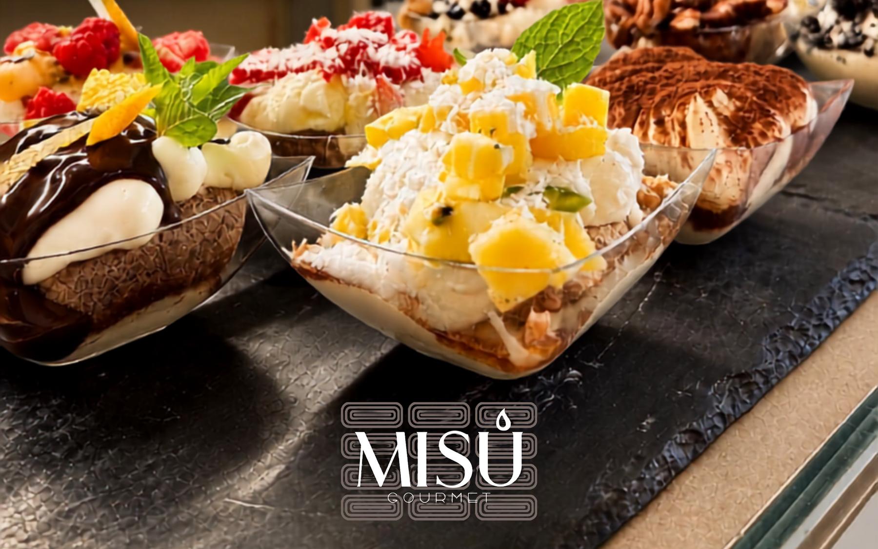 The Misù window: cups of mango, mixed-berry, coconut and cocoa tiramisù side by side